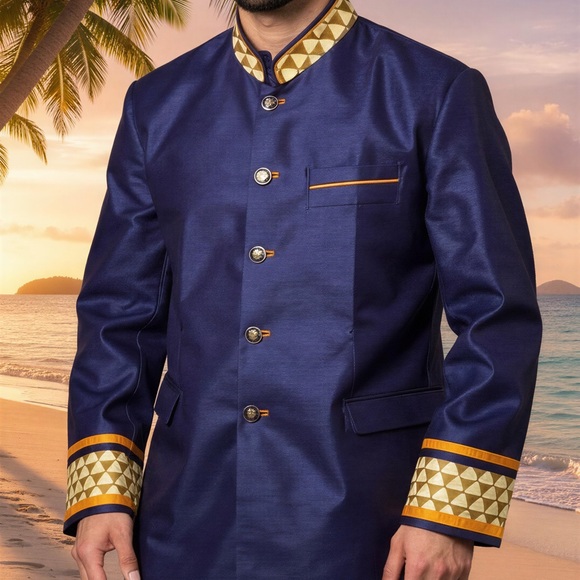 Embroidered Collar Art Silk Sherwani in Navy Blue - Picture 1 of 4